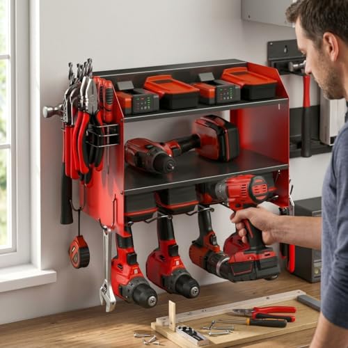 Heavy Duty Power Tool Organizer – 4 Drill Holders, Pegboard, Side Racks – Garage Storage Rack for DIYers – Metal Power Tool Shelf, Easy Install – Red