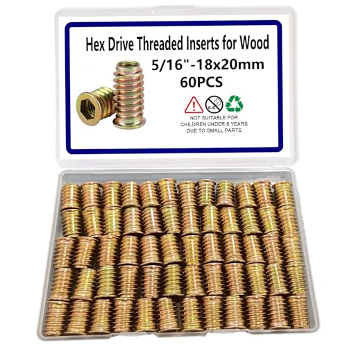 60pcs Threaded Inserts for Wood, 5/16"-18x20mm Screw in Nut Fasteners - size: 5/16"-18 x 20mm