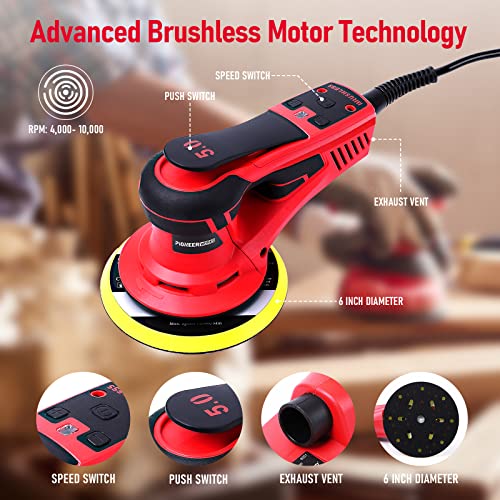Electric Random Orbital Sander, PioneerWorks Brushless Motor Palm Sander