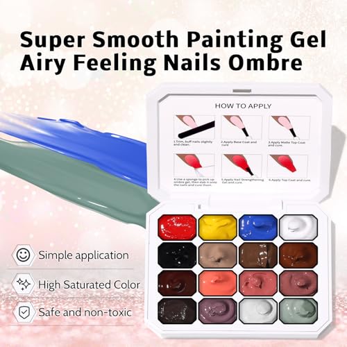 Ombre Gel Polish Palette,16Colors Pat Gel Paint Nail Art Kit Sponge Patting - color: 16 Colors C