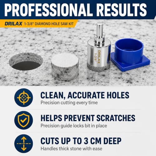 Drilax 1-3/8 Inch Diamond Hole Saw Kit with Water Guide for Countertops - size: 1-3/8 inch