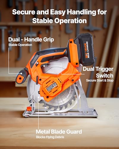 VEVOR 20V Cordless Circular Saw, 6-1/2" Brushless Circular Saw, 4700 RPM, 0-45 Degree Bevel Capability, LED Light, Electric Circular Saw Kit with Battery and Charger Included, for Wood Cutting - size: 6-1/2 in