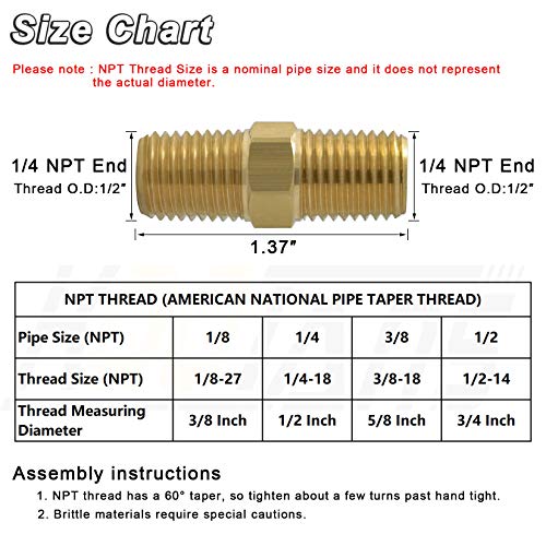 KOOTANS 1/4 NPT x 1/4 NPT Male Solid Brass Hex Nipples,4 PACK - size: 1/4 NPT x 1/4 NPT (O.D x O.D: 1/2'' x 1/2'')