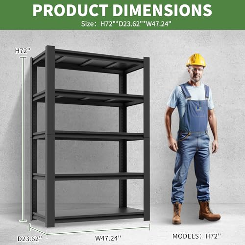 Garage Shelving,72" H Garage Shelves Heavy Duty, 3000Lbs 5 Tier Adjustable Garage Storage Shelves Suitable for Warehouse, Basement, Workshop,Require Assembly, 24" D*48" W *72" H(Black) - color: Black, size: 23.62"D*47.24"W*72.05"H