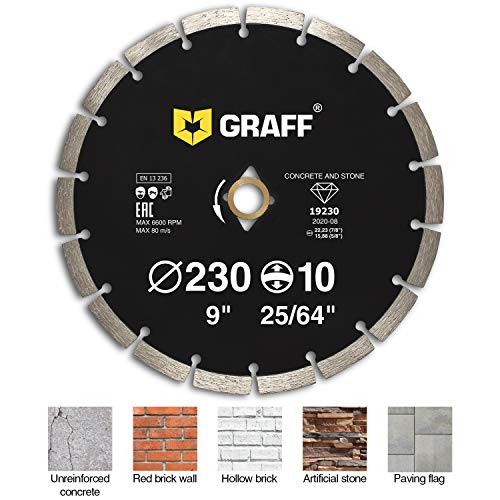 9 Inch Diamond Blade for Angle Grinder — Diamond Cutting Wheel for Cutting Stone, Marble, Granite, Brick, Masonry, Paving Flag, Concrete — Diamond Saw Blades Segment Height 0.394” (10 mm) — GRAFF - size: Ø 9 Inch Segment, style: Diamond Segment Blades
