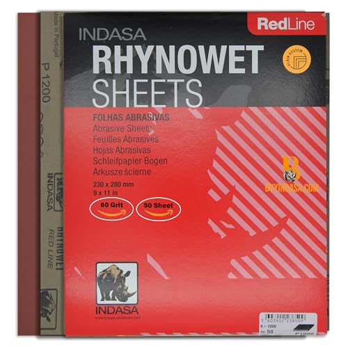Indasa 50 PCS Redline Full Sheets 9"x11" Wet & Dry Sanding Sheets Series 6 – Rhynowet – 60-Grit – Waterproof Latex Backing - size: 60-Grit 9"x11"