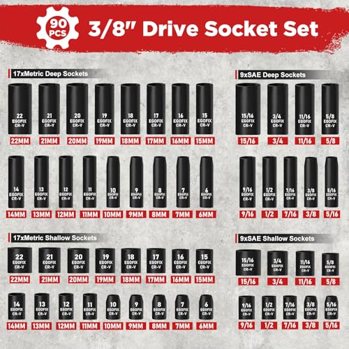 3/8" Drive Impact Socket Set, 90 Piece Metric Socket (6-22mm) and Standard SAE Size (5/16-15/16 inch) 6 Point, with 72-Teeth Ratchet Wrench, Mechanics Tool Kit for Automotive Repair - color: 3/8-90pcs