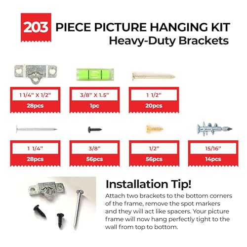 203-Piece Metal Picture Hanging Kit in Tackle Box, Hangs 14 Wooden Frames Up to 75 lbs, No Measuring Needed, Wall Picture Hangers with Drywall Anchors, Hardware, and Level - size: 14 Frames Up to 75 lbs