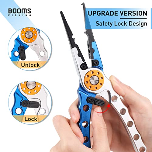 Booms Fishing X1 Aluminum Fishing Pliers Saltwater, Surf Fishing Tackle Kit, Fishing Multitool Hook Remover Braided Fishing Line Cutting and Split Ring with Coiled Lanyard and Sheath - color: Blue With Lock