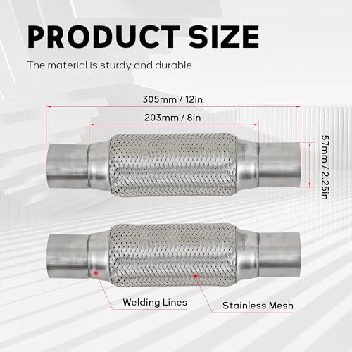 2.25''X8''universal stainless steel Exhaust Flex Pipe with Ends 12" Inch Long Heavy Dutydouble braided bendable exhaust Flex Pipe - size: 2.25''X8''X12''