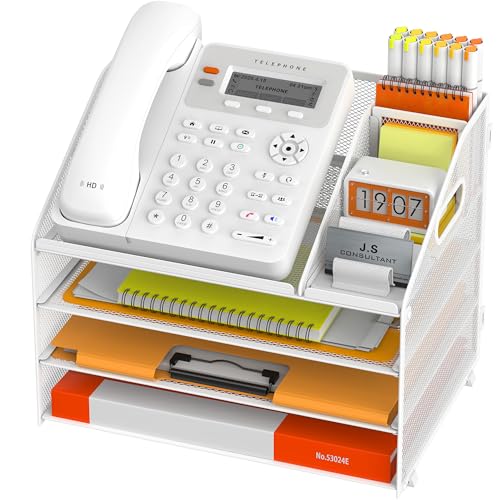 DocNest 4 Tier Metal Mesh Desk File Organizer with Phone Shelf, White - color: White, size: 12.6" x 9.1" x 10.3"