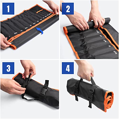 Wrench Roll Up Pouch – Wrench Organizer, Wrench Bag with Handle, Wrench Holder for Hanging - size: 17 Pockets SAE