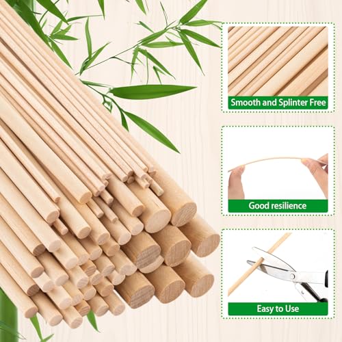 50Pcs 12inch Long Dowel Rods Wood Sticks, 1/2inch 1/4inch 1/8inch Unfinished Round Sticks, Natural Wood Dowels for Craft and DIY Projects, Cake Dowels Hardwood Craft Dowel Rods