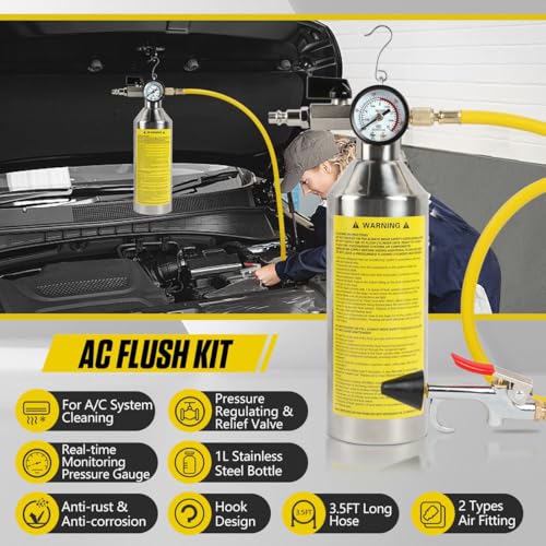 AC Flush Kit Pressure Regulating&Relief Valve AC Cleaner Real-time Monitoring Pressure Gauge AC Cleaning Kit with Spray Head & Hook & 3.5FT Hose&Fitting for Air Conditioner Pipe, Condenser, Evaporator