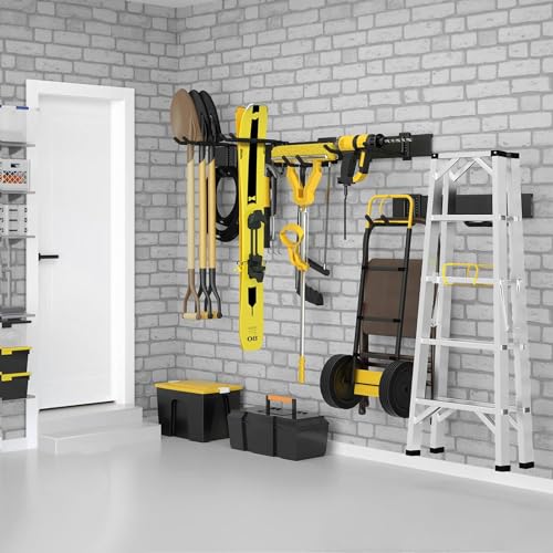 64 Inches Garage Storage, UUP Garage Organization Wall Mount Garden Tool Organizer, 620lbs Adjustable Metal Hooks, Yard Shed Rail Rack, Lawn Tool Holder for Hanging Rake Broom Mop Snowboard, Home Gift - size: 64" Alloy Steel with 4 Panels & 10 Hooks