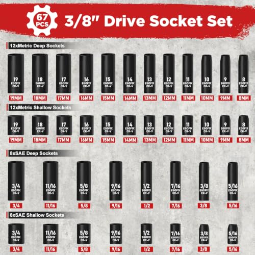 3/8" Impact Socket Set 67PCS, SAE & Metric Socket Set with Shallow & Deep Sockets, with Ratchet Wrench, Swivel Sockets, Extension Bars, Adapters, Impact Universal Joint, Spinner Handle - color: 3/8-67pcs