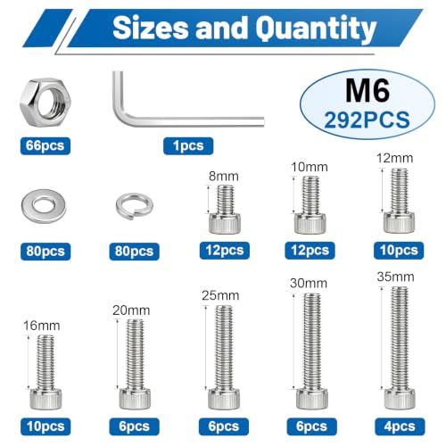 292PCS M6 Hex Socket Head Cap Screw Assortment Kit 304 Stainless Steel - size: SS M6 292PCS