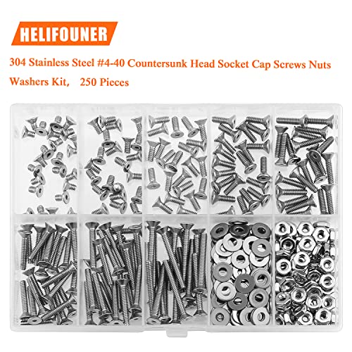 HELIFOUNER 250 Pieces #4-40 x 3/16" 1/4" 5/16" 3/8" 1/2" 5/8" 3/4" 1", Countersunk Head Socket Cap Screws Bolts Washers Nuts Kit, Coarse Thread, Fully Machine Threaded, 304 Stainless Steel - size: #4-40, style: Countersunk Head