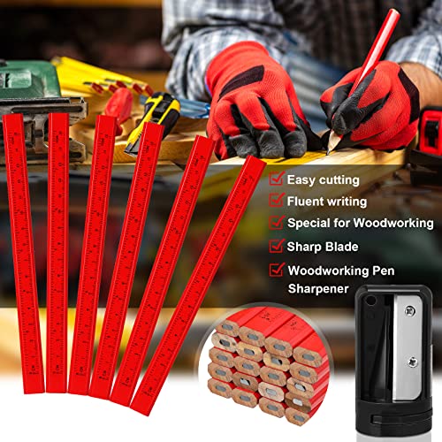 Honoson 200 Pcs Flat Construction Pencils with Printed Ruler Wood Graphite 2 Pcs Carpenter Pencil Sharpener for Woodworking Marking Tool(Red) - color: Red