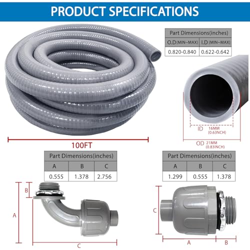1/2inch 100ft Liquid-Tight Conduit and Connector Kit,Flex Conduit - size: 1/2IN,100FT