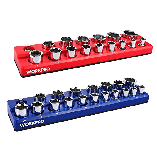 WORKPRO 1/2-inch Magnetic Socket Organizer Set, 2-Piece SAE & Metric Magnetic Socket Holders, Holds 35 Standard Sockets for Tool Box, Tool Carts (Sockets Not Included) - size: 1/2" SAE&Metric