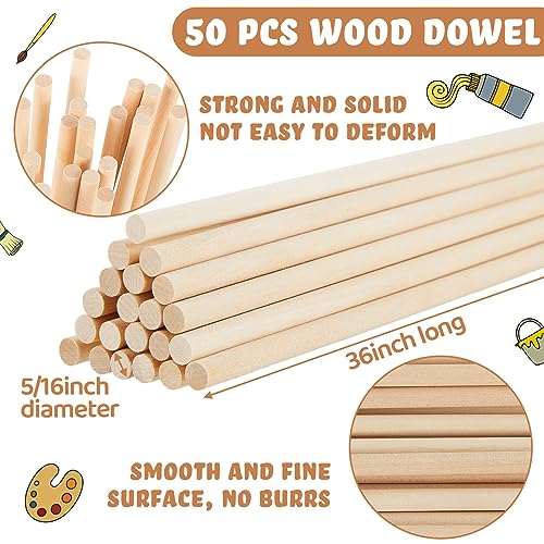 Leinuosen 50 Pcs Dowel Rods Wood Sticks 5/16 x 36 Inch Long Unfinished Wooden Dowel Rods for Crafts Wooden Closet Rod for Closet Building Mixing Creating Painting DIY Craft Projects - size: 5/16 x 36 Inch