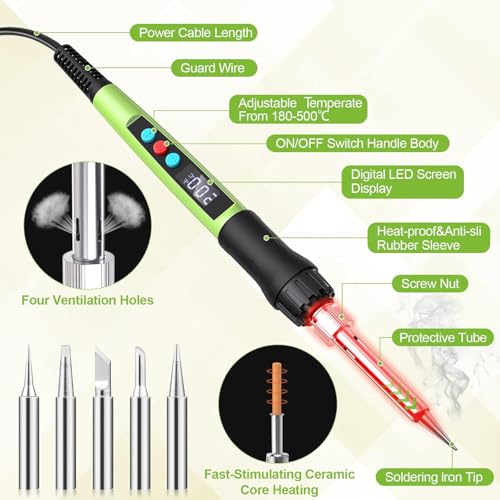 Soldering Iron Kit, 100W LED Digital Solder Gun kits with Ceramic Heater, Adjustable Temperature Welding Tools with Tips, Wick Braid, Stand, Solders Wire, Sponge, Flux Paste