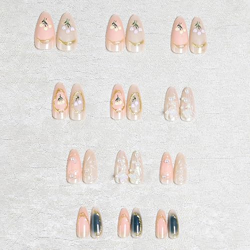 3D Press on Nails Almond - Medium French Tip Fake Nails with Embossed White Bead Designs, Glossy Finish Reusable False Nails with Glue Tabs - 24Pcs Nail Kit for Women Manicure(3D Embossed design 11) - color: 3D Embossed design 11