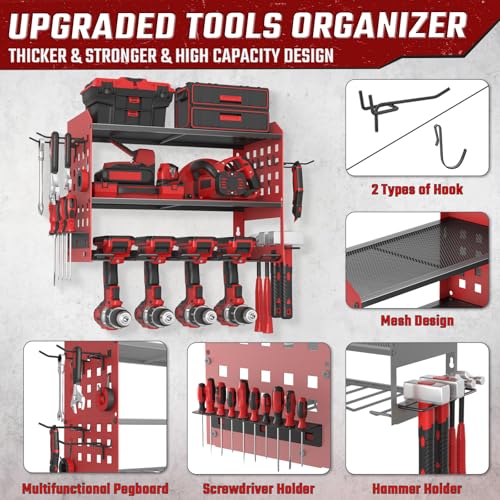 SUNALLY Power Tool Organizer, Wall Mount Garage Tools Storage Rack, Red - style: 4 Drill Holders D