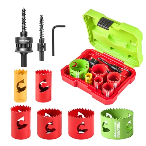 GEINXURN 9PCS Hole Saw Kit 7/8” to 2-1/2” (22mm-64mm) with Hole Saw Mandrel and Hex Wrench,HSS Bi-Metal Hole Cutter with Shark Tooth for Wood,Drywall, PVC Boards and Thin Metal - color: 9PCS 7/8“-2-1/2” Hole Saw Set with Mandrel