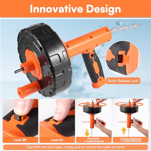 Drain Snake 33ft Flexible Steel Spring, Drain Auger with Drill Adapter