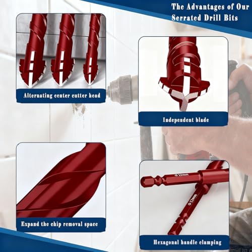 10pc Red Serrated Eccentric Masonry Drill Bit, Serrated Concrete Drill Bit Set for Ceramic Tile Brick Glass Plastic Marble and Wood (3/16” to 1/2”). - color: Red