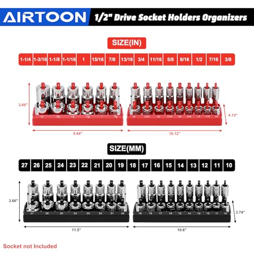 8-Piece Socket Organizer Trays, SAE and Metric Socket Tray Set, 1/4", 3/8", and 1/2" Drive Deep and Standard Socket Holders Organizers for Toolbox, Black & Red - size: 8PCS METRIC&SAE
