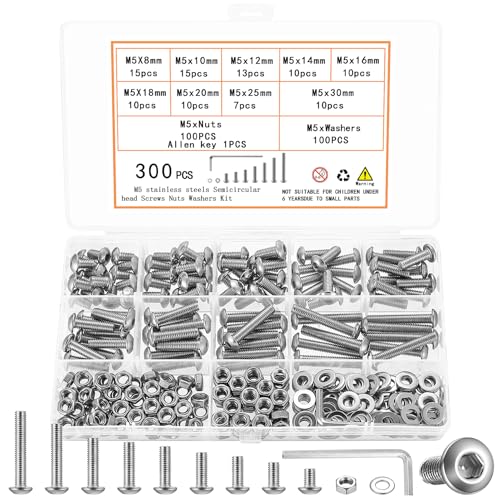 300 Pcs M5 Nuts and Bolts Assortment Kit, Pan Head Machine Screws and Nuts, Stainless Steel Hex Button Head Socket Cap Screws Bolts and Washers, Metric Screw Assortment, Fully Threaded - size: M5