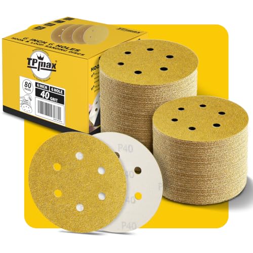 80PCS 6 Inch 40 Grit 150mm 6 Hole Sanding Discs Sandpaper - Premium Gold Round Hook and Loop for Random Orbital Sander - Ideal for Wood, Metal, Automotive - style: 40 Grit - 80 Pack