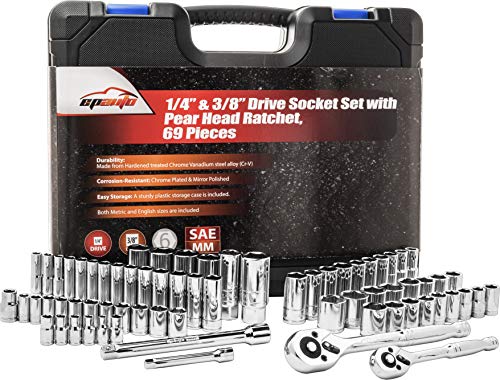 EPAuto 69 Pieces 1/4-Inch & 3/8-Inch Drive Socket Set, Pear Head Ratchet - size: 69 Pieces