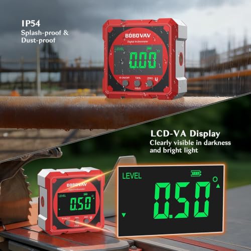 4-side Magnetic Digital Angle Gauge with Laser(Class 2, ＜1mW Output), 4 * 90° Rechargeable Electronic Inclinometer Protractor Level Gauge for Woodworking Tablesaw- Red - color: Red