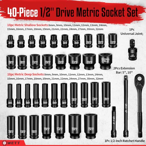 WETT 1/2" Drive Impact Socket Set, 40Pcs Metric Socket Wrench Set (8-32mm), Heavy Duty Standard Sockets Assortment, Deep/Shallow, 1/2-Inch Ratchet Handle, 5", 10" Extension Bar, Universal Joint - size: 1/2" Drive Metric Socket Set (40pcs)