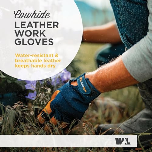 Wells Lamont Men's Leather Palm Work Gloves – HydraHyde Water-Resistant Leather, Flexible Spandex Back, Adjustable Closure - color: Blue, size: X-Large