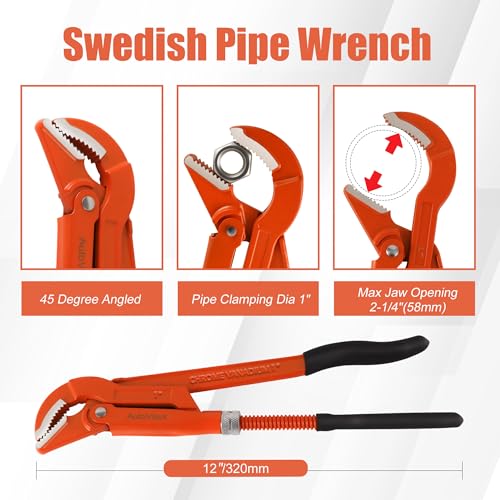 12-Inch 45°Angled Jaw Swedish Pipe Wrench - size: 12inch