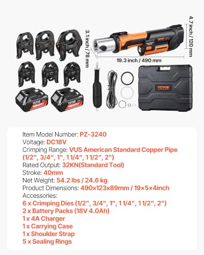 VEVOR Press Tool 18V Electric Pipe Crimping Tool for 1/2" - 2" Copper Pipes - size: Standard Size