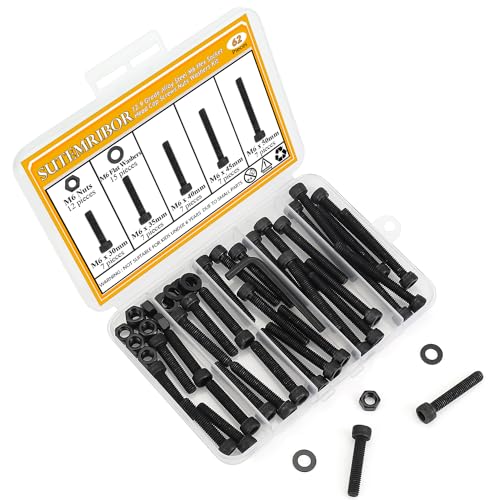 62-Piece M6 Hex Socket Head Cap Screws Nuts Washers Set - 30/35/40/45/50mm Long Black Assortment Kit - 12.9 Grade Alloy Steel, Fully Threaded - size: M6 Long Screws Kit, style: Socket Head