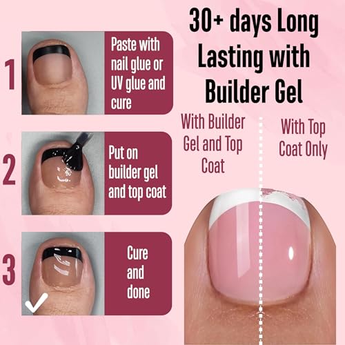 NOVO OVO Fake Toe Nail Tips Press on, Black French Tip Soft Gel Toenail Extension, BROWN PINK Square Round Pre-applied Tip Primer & Base Coat, Full Cover Matte False Nails for DIY x 15 Sizes 360Pcs - color: Square Round Black French Tip Brown Pink