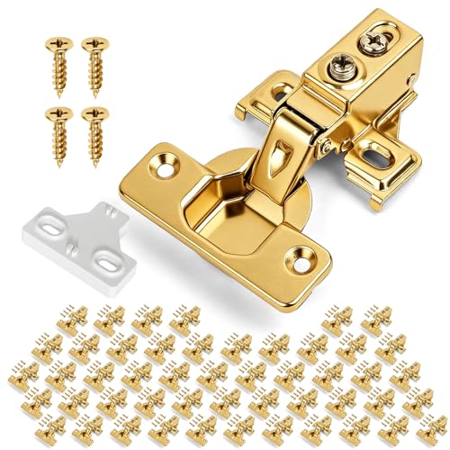 Mousike 50 Pack (25 Pair) Soft Close Cabinet Hinges, 1/2 Overlay Soft Close Hinges for Kitchen Cabinet, Stainless Steel, Built-in Damper, 100 Degree Opening Angle, 6 Way Adjustment (Gold) - color: Gold, size: 50 Pack