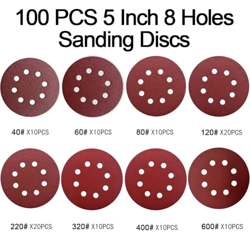 100pcs 5 Inch 8-Hole Sanding Discs Hook and Loop Sandpaper 40 60 80 120 220 320 400 600 Grits Sandpaper Sander Round Sand Paper for Random Orbital Sander - style: 100pcs 40-600 Assort Grit