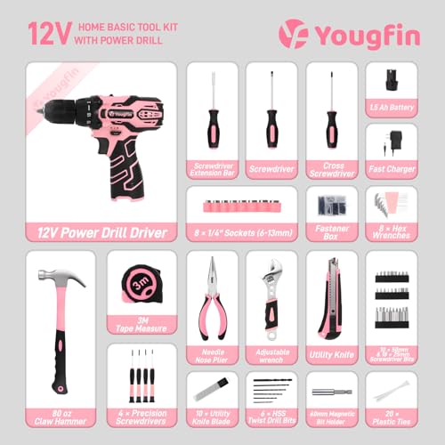 Pink Cordless Drill Driver Set 12V with Charger and 195PCS Tool Kit