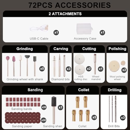 Cordless Rotary Tool, 3.7V Li-ion Electric DIY Mini Grinder Kit with Front LED Work Light, 5 Variable Speed, 72pcs Accessories USB Charging Multi-Tool Perfect for Nail Polishing