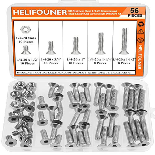 HELIFOUNER 56 Pieces 1/4-20 x 1/2" 3/4" 1" 1-1/4" 1-1/2", Countersunk Head Socket Cap Screws Bolts Nuts Kit, Coarse Thread, Fully Machine Threaded, 304 Stainless Steel - size: 1/4-20, style: Countersunk Head
