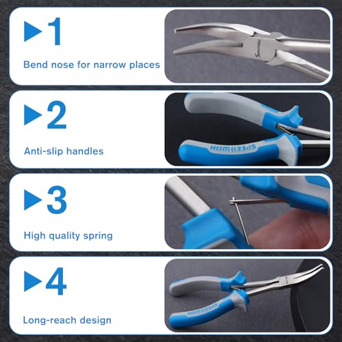 SPEEDWOX Long Reach Bent Nose Pliers 6 Inches 45 Degree Curved Mini Chain Nose Smooth Tapered Jaws Precision Fine Pliers for Hard to Reach Narrow Spaces High Leverage Reduce Efforts Non-slip Handle - style: Bent Nose Pliers