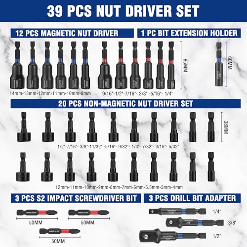 WORKPRO 39 PCS Magnetic Nut Driver Set, Impact Driver Bit 1/4" Hex Shank - size: 39PCS Magnetic Nut Driver Set